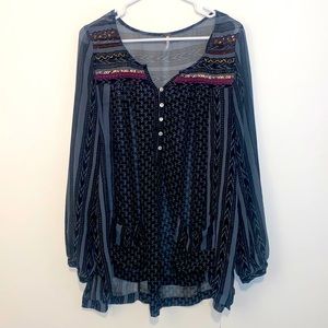Small Free People Gray & Black Sequins Beaded Embroidered Long Sleeve Blouse